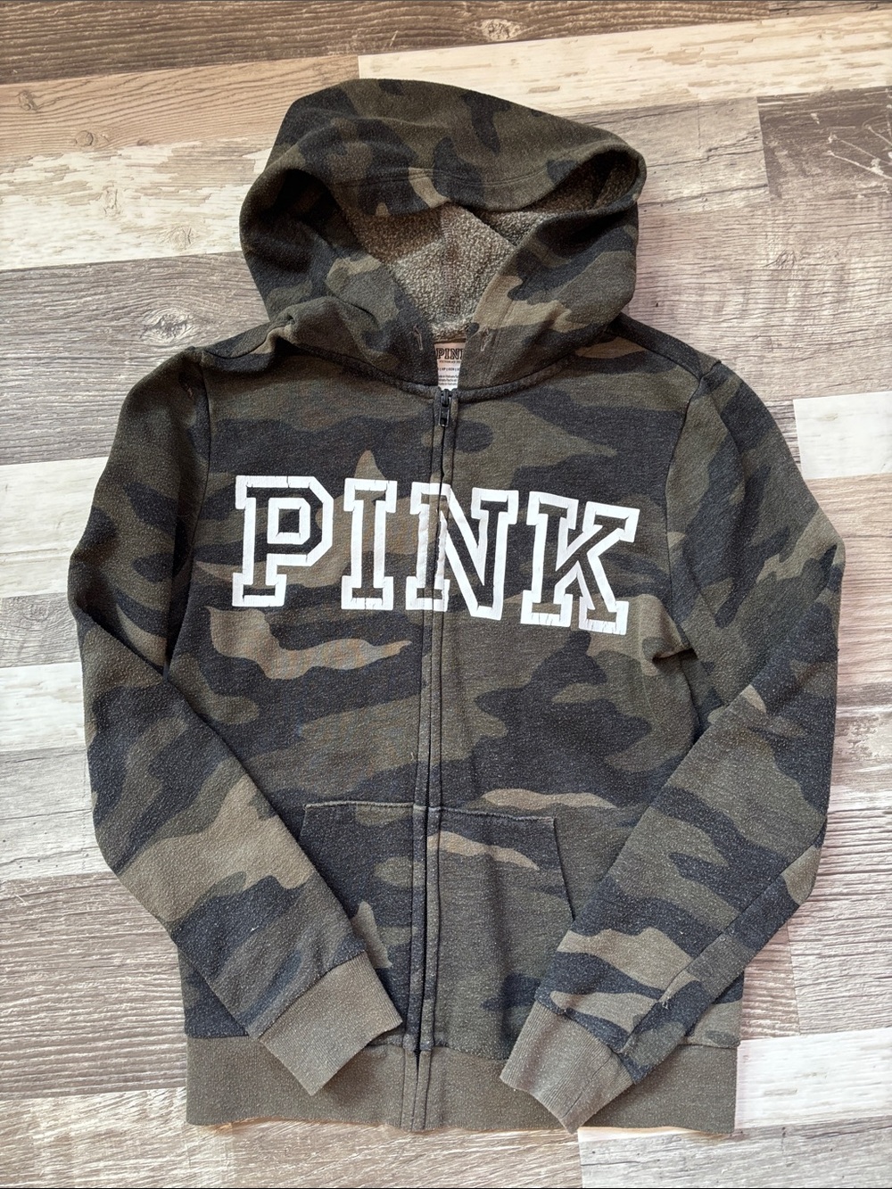 PINK Victoria's Secret Girls' Camo Zip Front Hoodie - Olive Camo with White Logo
